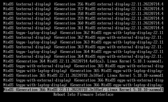 Picture showing a GRUB boot menu with many entries including egpu-with-external display and egpu-with-laptop-display